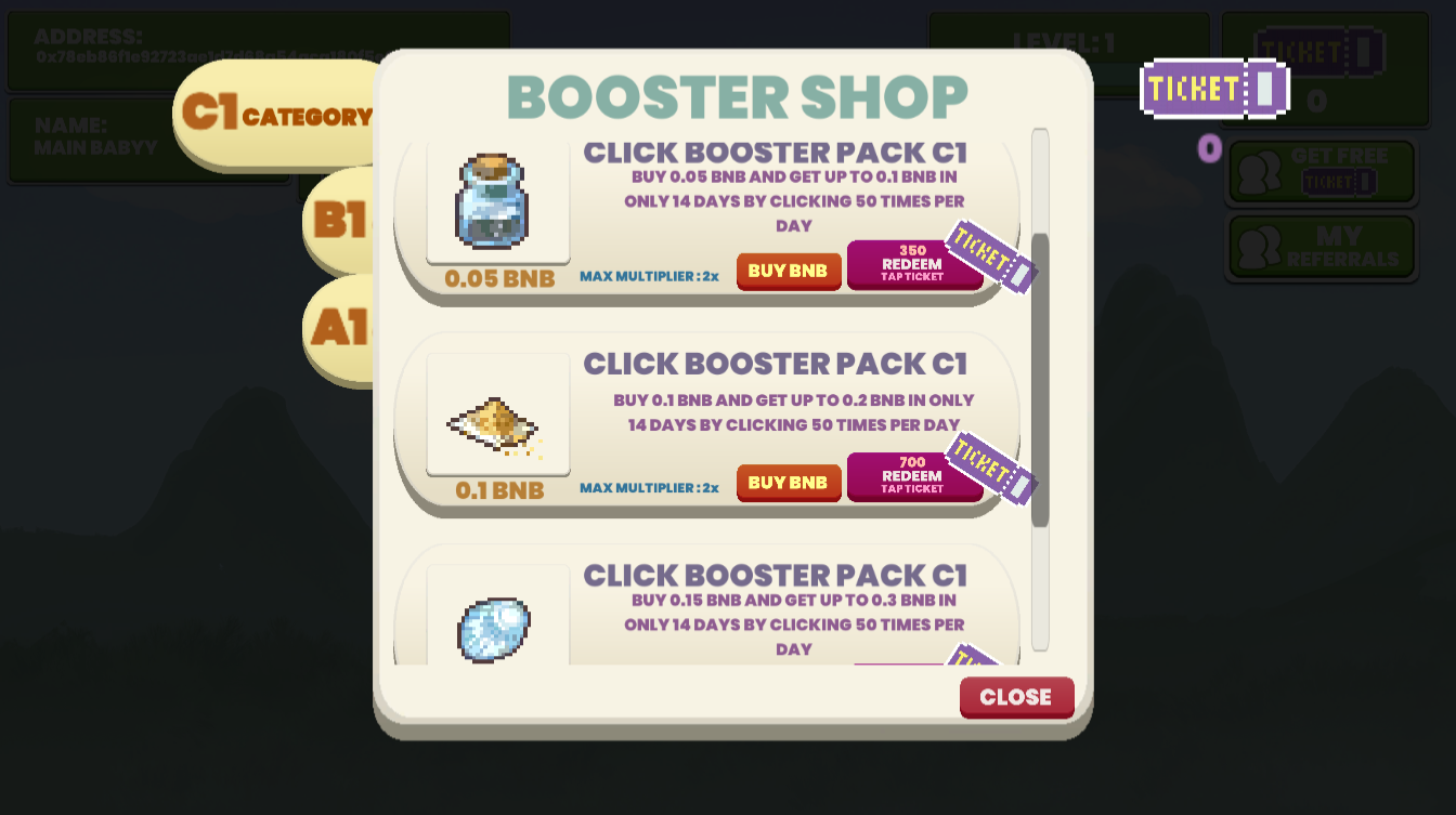 Gameplay showing shop for boosters